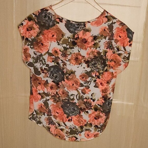 Poetry Clothing Orange Cream Floral Silky Short Sleeve Blouse Small - Picture 2 of 5